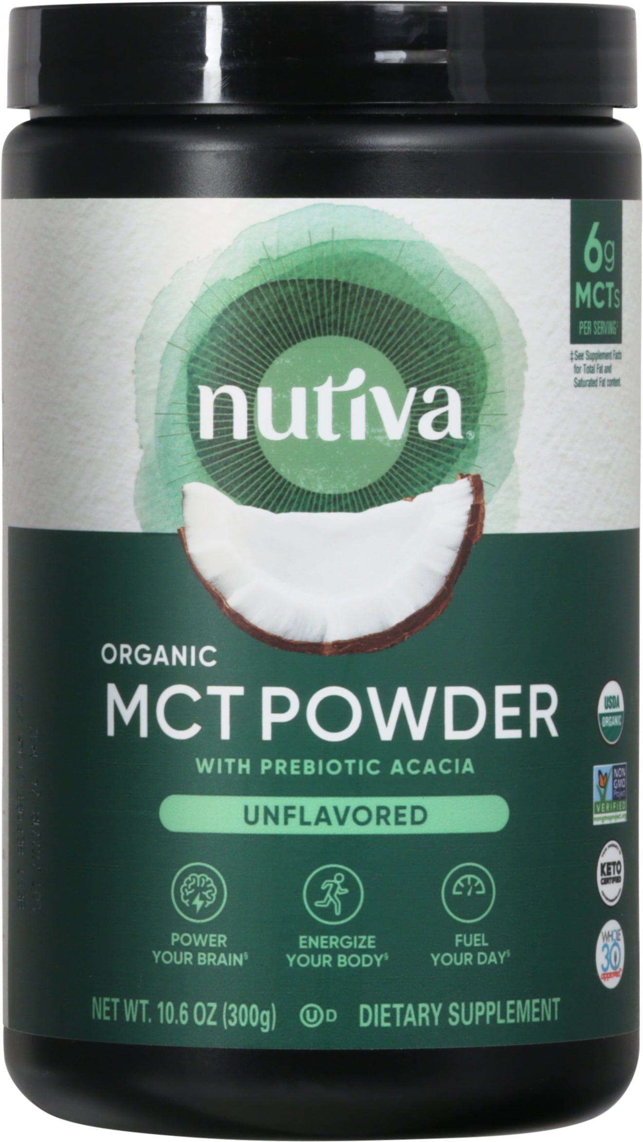 Nutiva Organic MCT Powder, Prebiotic Acacia Fiber, Unflavored, 10.6 Ounce