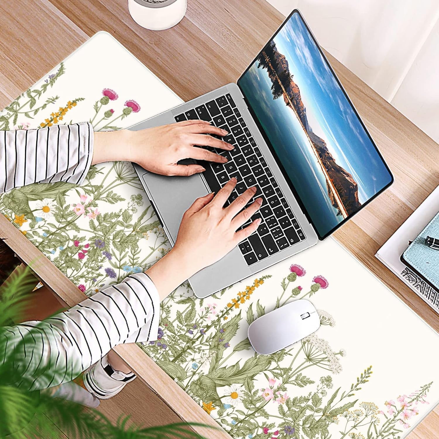 Wild Herbs Floral Desk Mat, Desk Accessory, Cute Workspace, Trendy Workspace, Trendy, 35.4x15.7in Large Gaming Mouse Pad, Cute Desk Topper, Pretty Desk Pad