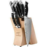 Kitchen Damascus Knife Set, 9-Piece Kitchen Knife Set with Block, ABS Ergonomic Handle for Chef Knife Set, Knife Sharpener and Kitchen Shears, Beechwood Block