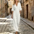 thumbnail image 4 of ClodeEU Women's V Neck Rolled Sleeve Jumpsuit,Elastic Waist Loose Romper with Pockets White,Women's Plus XL, 4 of 6