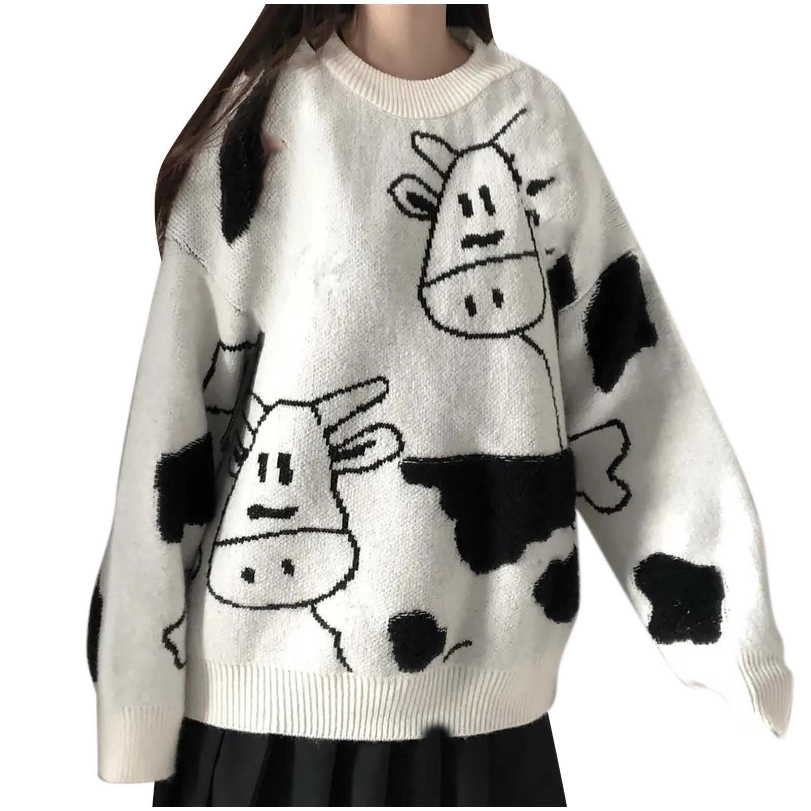 Cute Cow Printed Sweaters for Women Loose Fitting Oversized Pullover Sweater  Casual Round Sweater Outerwear - Walmart.com