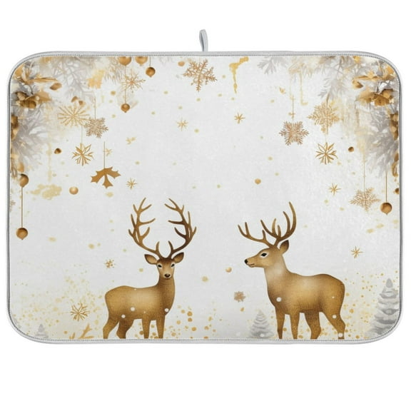 Christmas Deers Golden Dish Drying Mat Microfiber Kitchen Pad Large Counter Absorbent Dish Mats Drainer Rack 18"x24"