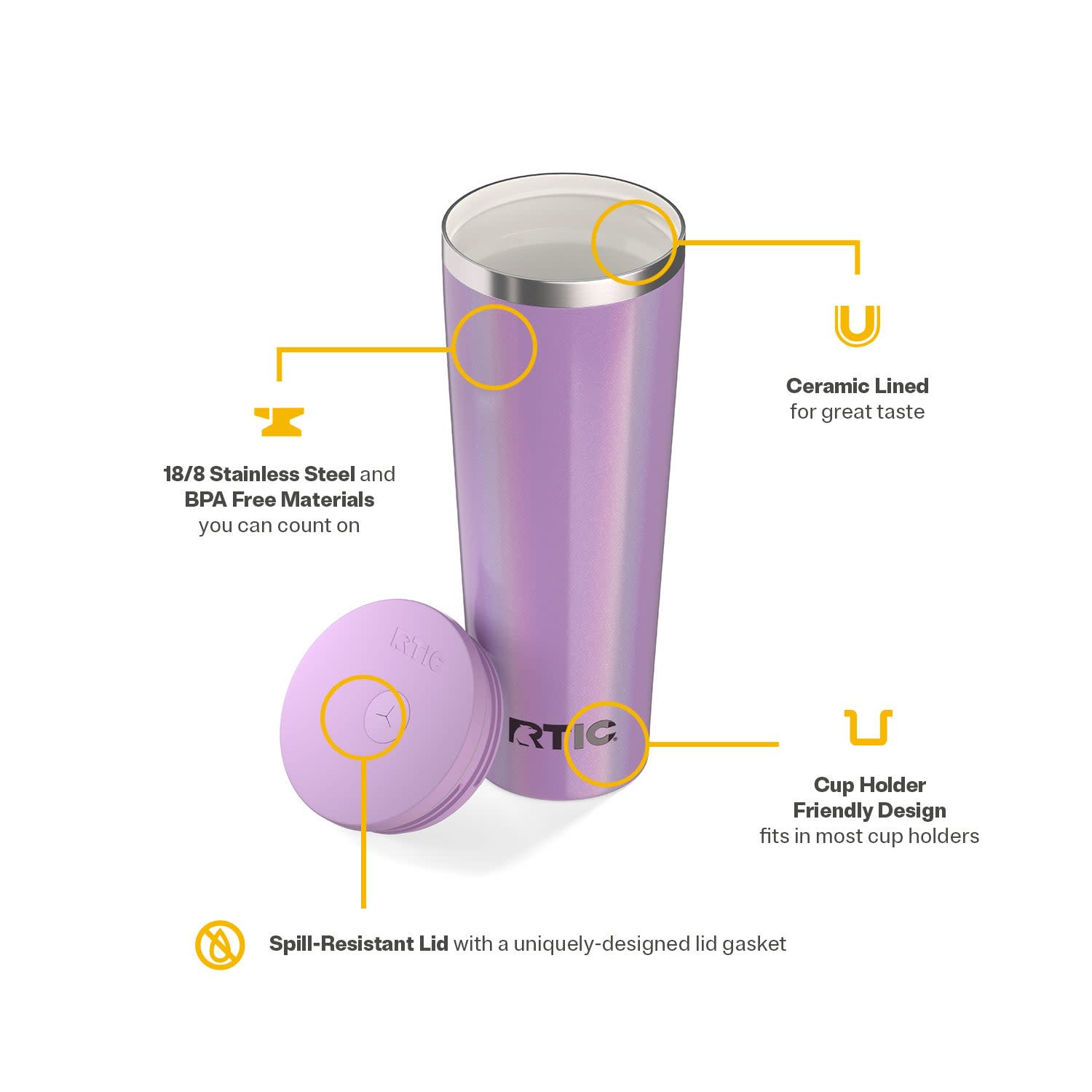 RTIC 28 oz Ceramic Lined Everyday Tumbler with Spill-Resistant Straw Lid, Lavender Glitter