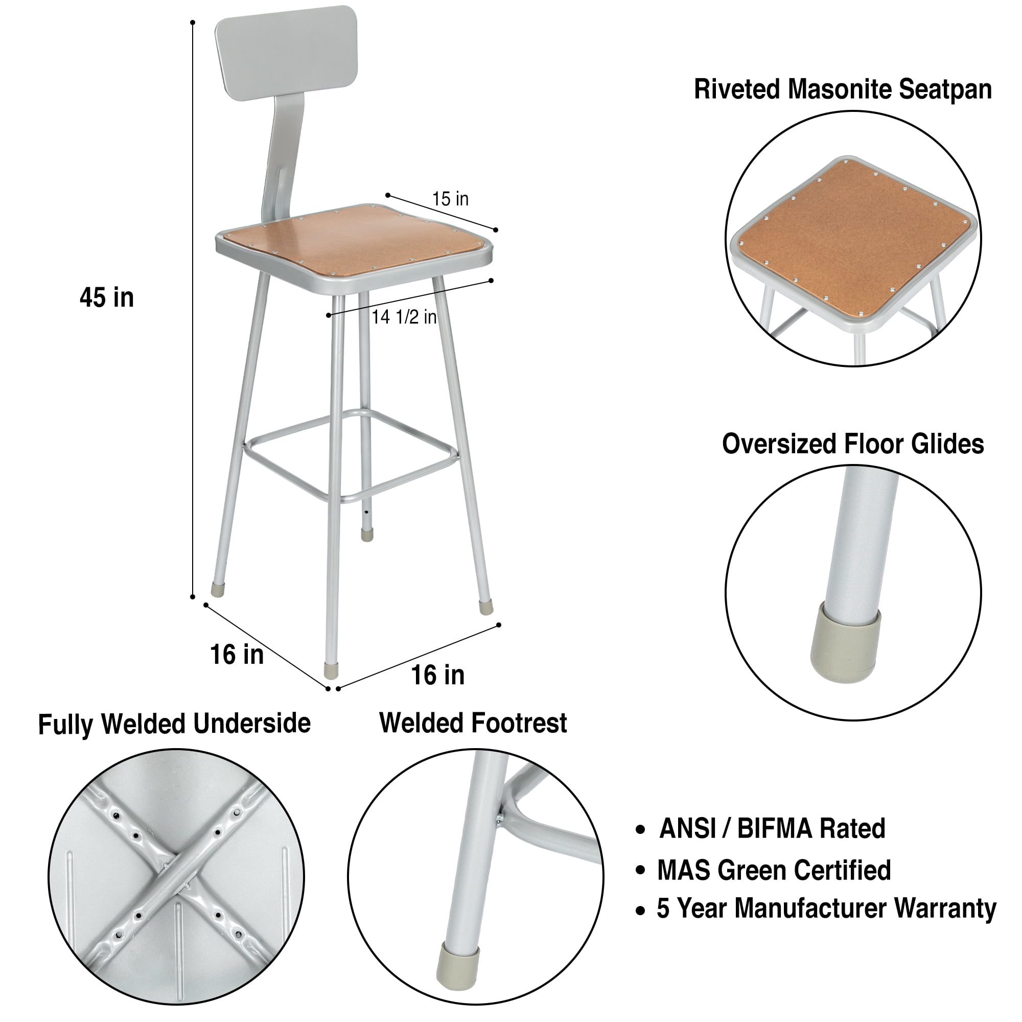Hampden Furnishings Clint Collection 30" Masonite/Steel Stool with Backrest, Grey, Pack of 2