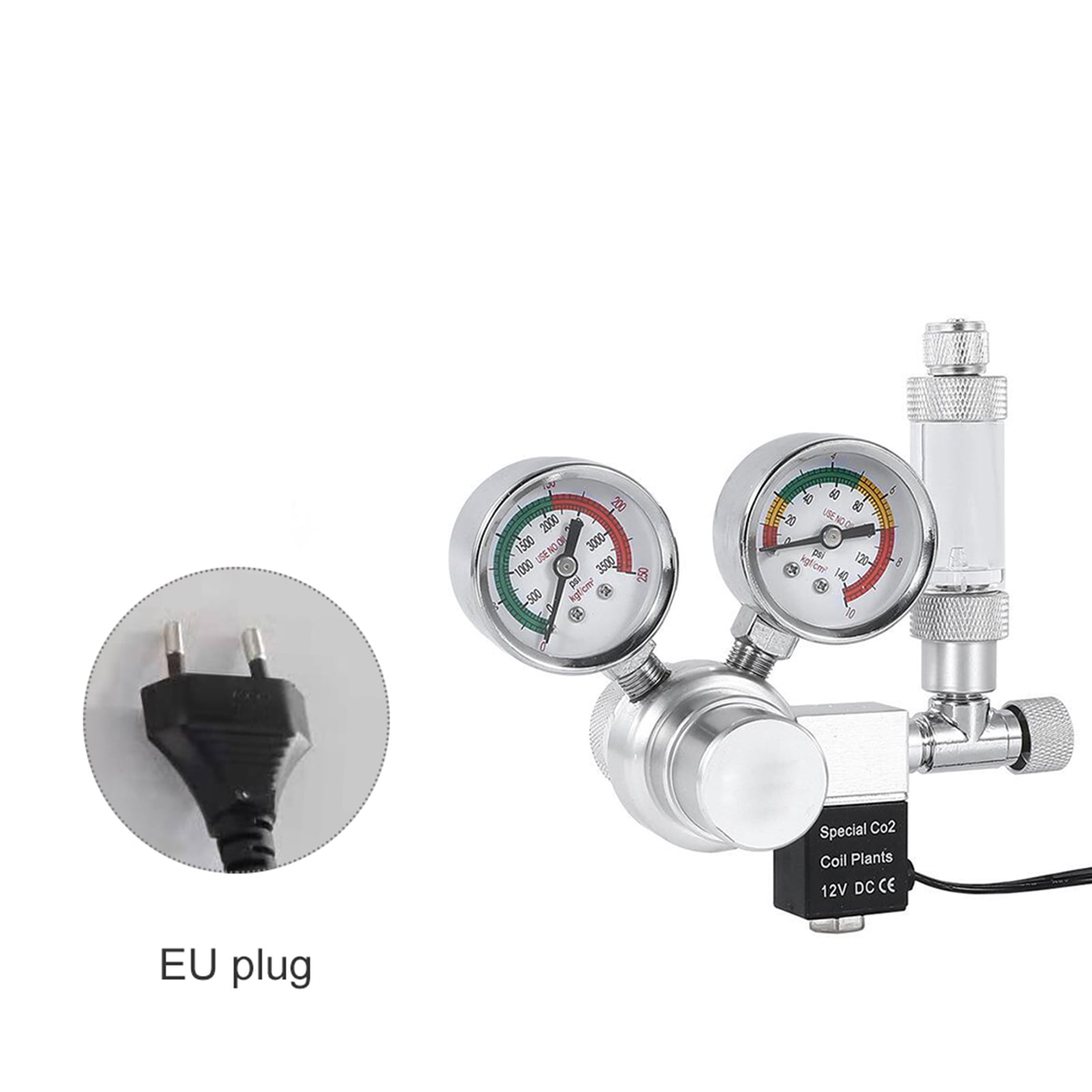 NFTIGB Aquarium CO2 Regulator Kit W21.8 Interface with Solenoid Valve Large Double Pressure Gauge Bubble Counter and Check Valve for Planted Tanks Silver EU Plug 9.45 inches / 24 cm