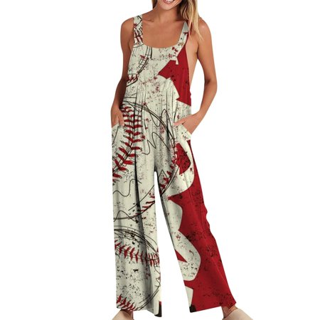 

Ladies Jumpsuits Independence Day Flag Printed Sleeveless Casual Loose Fit Wide Leg Overalls 4th Of July With Pockets Daily Wear Workout Bodysuits