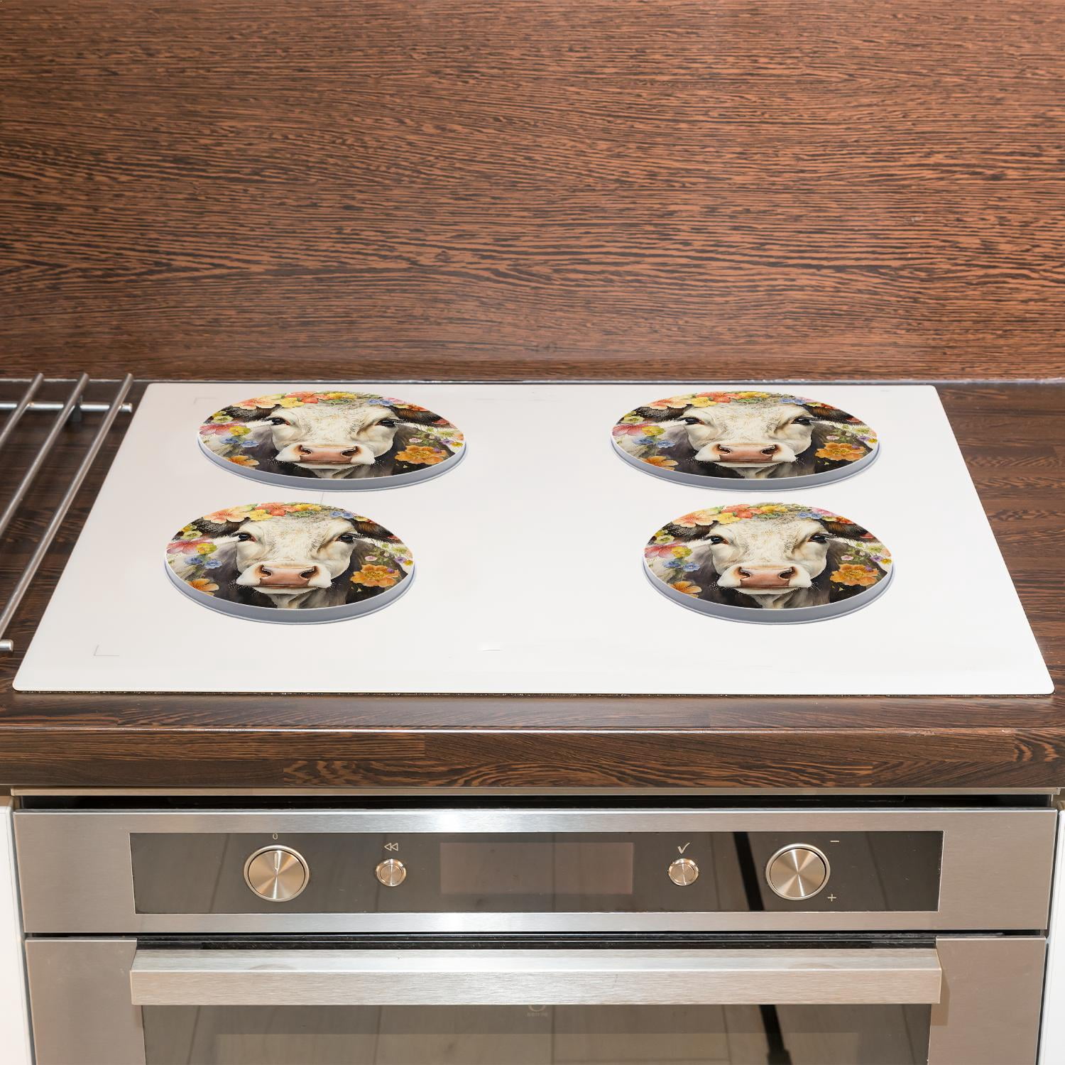 Decorative Stove Burner Covers 4 Pcs Metal Gas Stove Burner Cover 8Inch And 10Inch ,Farmhouse Cow Wooden Exquisite