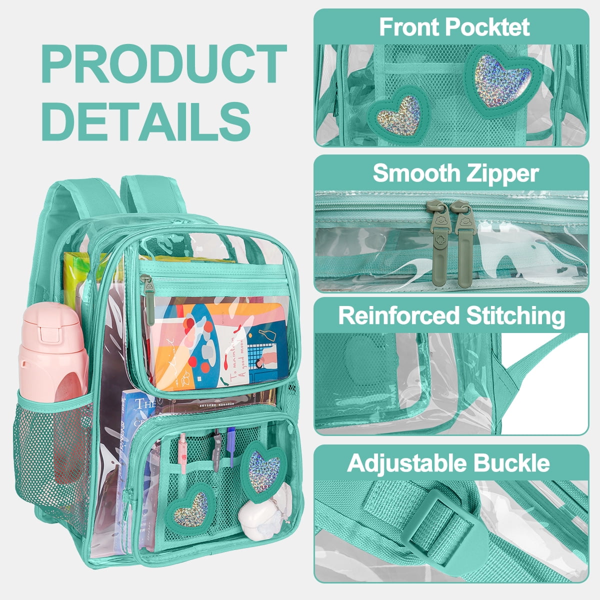DAKIMOE Clear Backpack Heavy Duty Stadium Approved School Cute Transparent Backpacks Clear Bag Travel