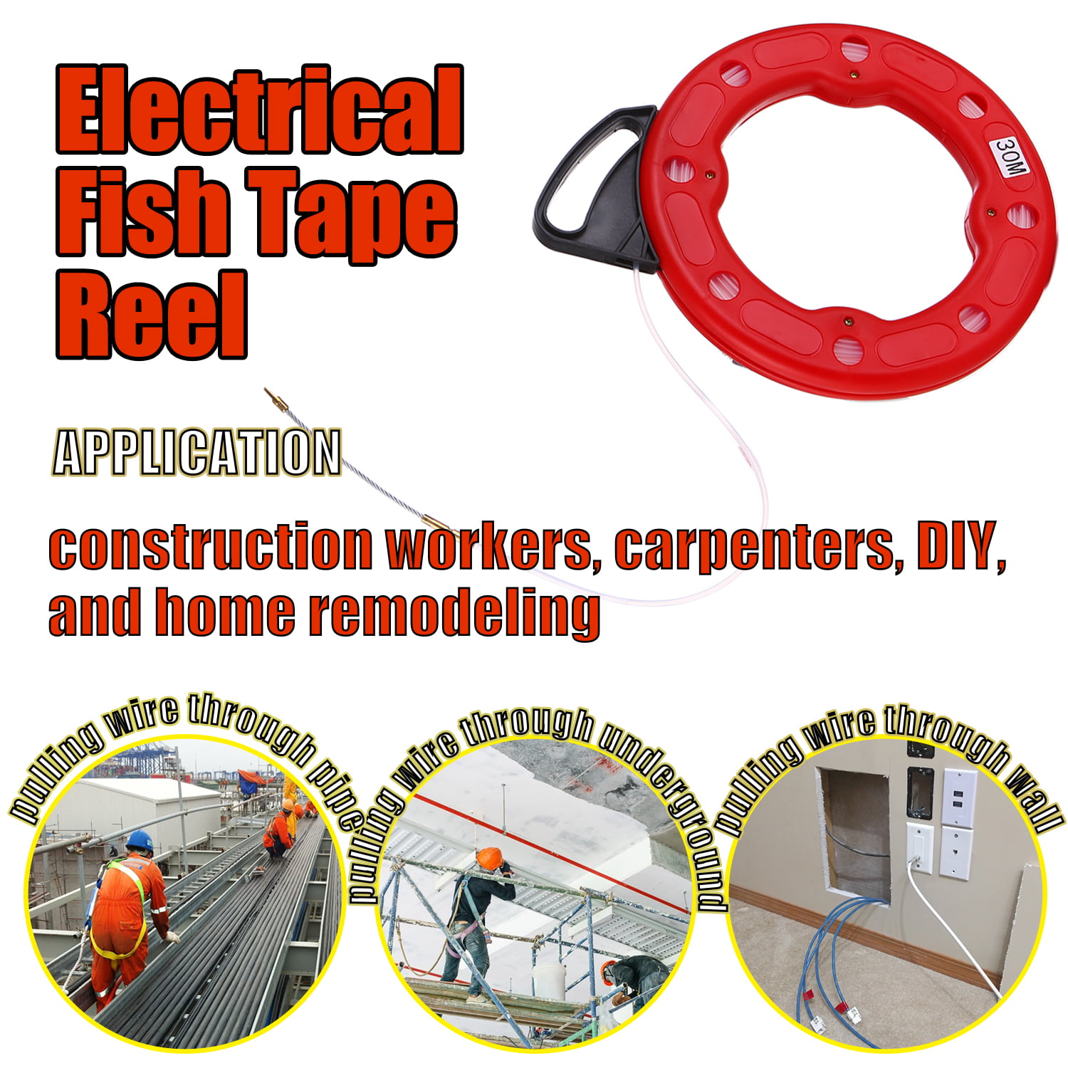 30M Fiberglass Fish Tape Reel Puller Conduit Pulling Wire Cable Fishing Tool 