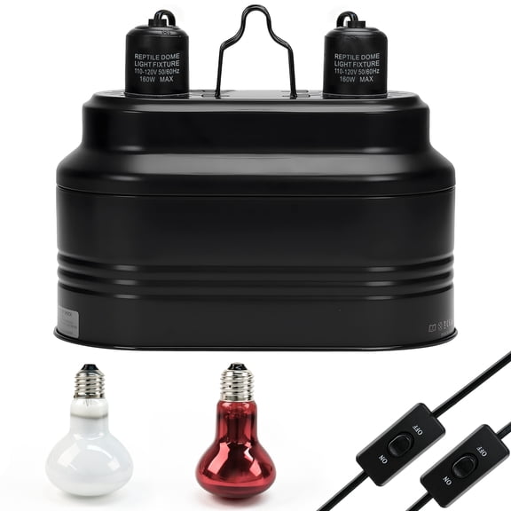 ZALALOVA Dual Reptile Heat Lamp Fixture with Independent Switches,Reptile Light Dome Max 160 Watt,Bearded Dragon Heating Lamp Terrarium UVB Light for Turtle Tank Vivarium Hermit Crab,2 Bulbs 75W