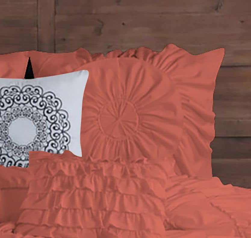 D.N.G. BEDDINGS 100% Egyptian Cotton 5 Piece Circle Ruffle Comforter Set with 1 Freebie Ruffle Pillow | 550 GSM Filled Microfiber - Super King Size, Brick Red Color - 800 Thread Count