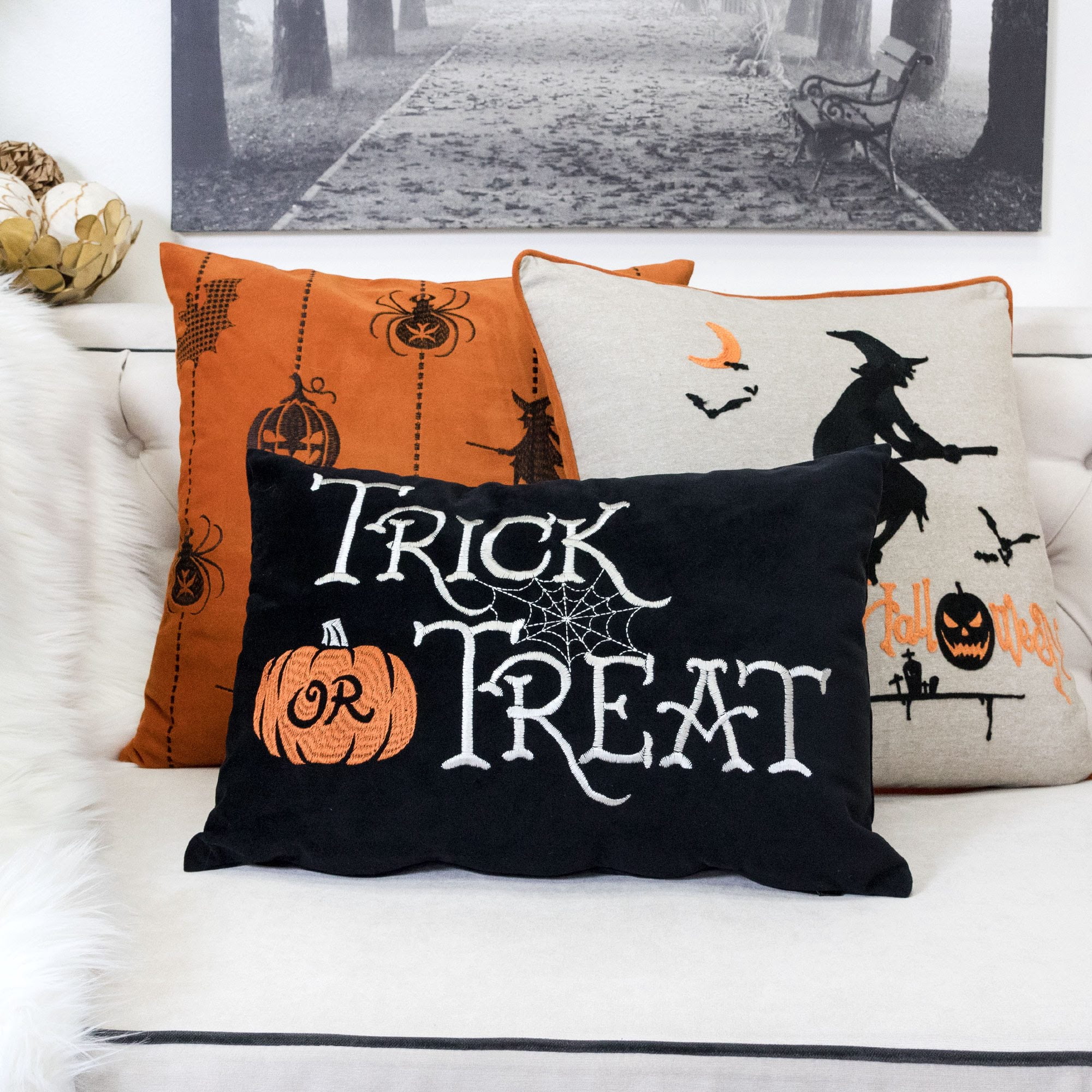 Trick or Treat Embroidered Lumbar Throw Pillow 14x20 Inch Black Velvet for Sofa Bed Halloween Decor