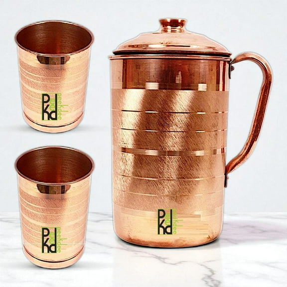 Peekdee Pure Copper Silver Touch Jug 1.5 Liter With 2 Glass Drinking Ware Ayurvedic Benefits Set For Gifting