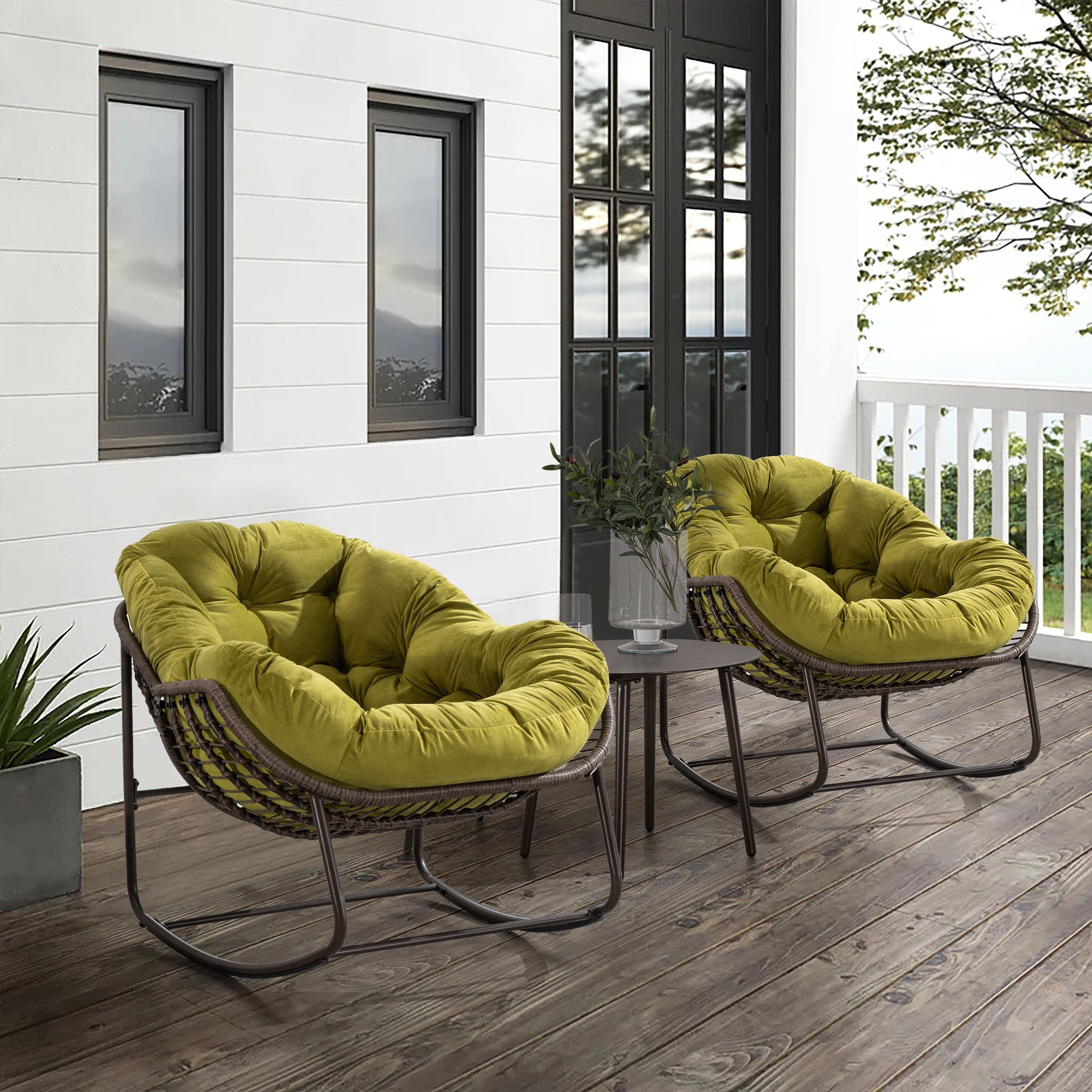 MOONMISS Rattan Rocking Chair, Indoor & Outdoor Comfy Rocker Chair with Thick Cushion, Modern Lounge Chair for Balcony, Porch, Garden, Backyard, Deck, Olive