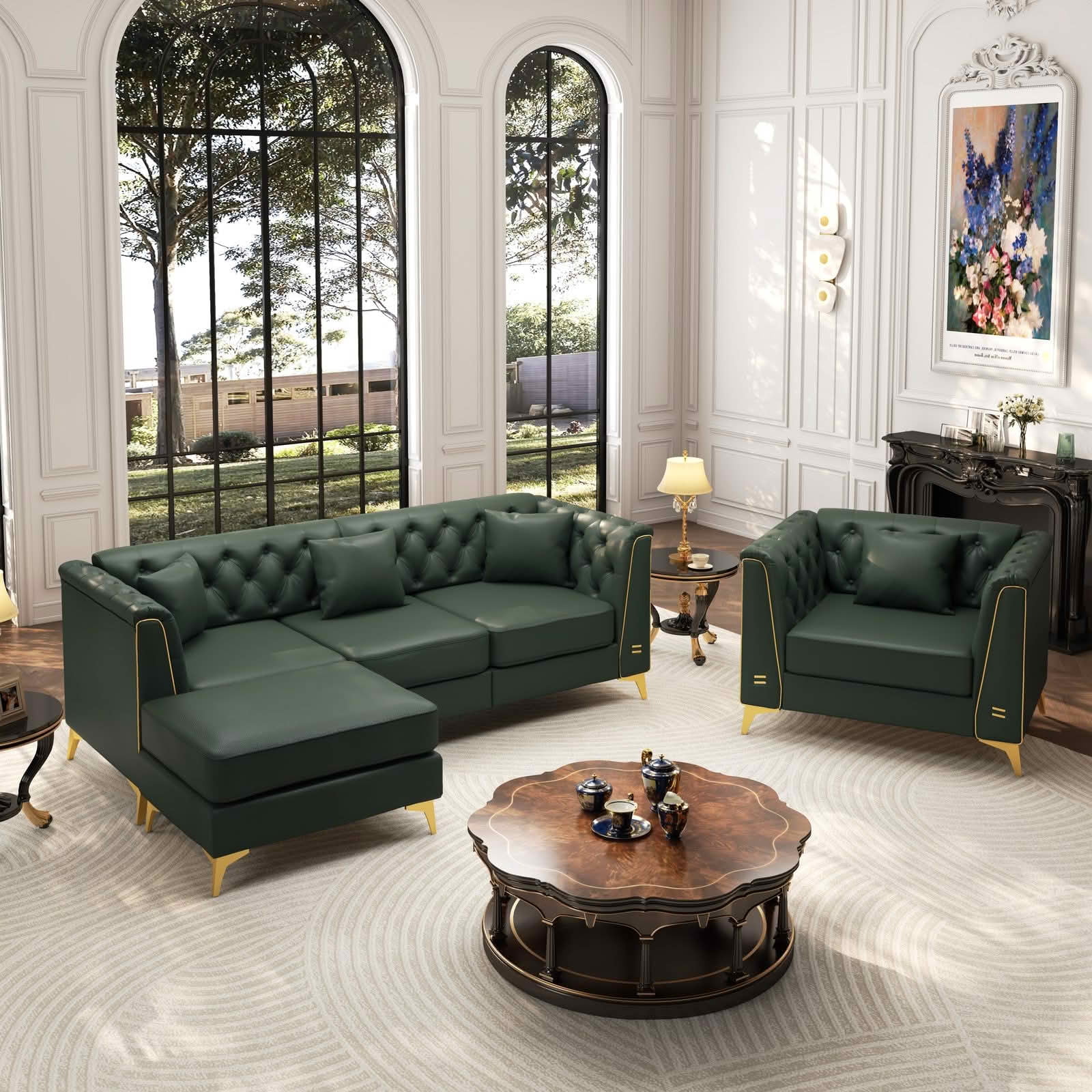 MAYEERTY Light Luxury Modular Chesterfield Sofa Combination, Faux‑Leather Sectional with Button Tufting, Metal‑Trim Armrest & Slim Metal Legs, 4 Pillows Included