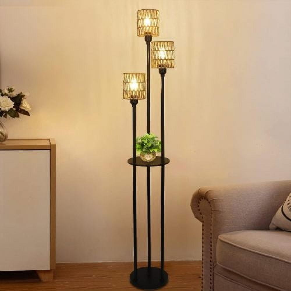Hi-LIGHTS,3-Lights Boho Floor Lamp with Shelves & ON/OFF Foot Switch,Farmhouse Tall Floor Lamp,Rustic Standing Lamp with Rattan Shades for Living Room,Bedroom,Office(Black+Brown)