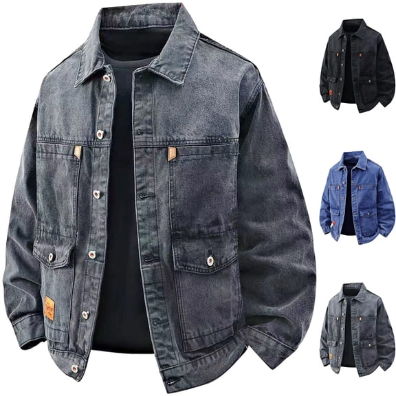 Men's Denim Trucker Jacket Vintage Washed Coat Long Sleeve Button Down Heavyweight Shacket with Chest Pockets for Fall Winter Outdoor, Gray, L