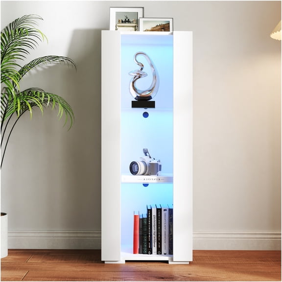 JERFIT Modern Storage Cabinet with LED Light, Glass Shelves, Wall Mounted or Freestanding for Living Room, Bedroom, Office, White