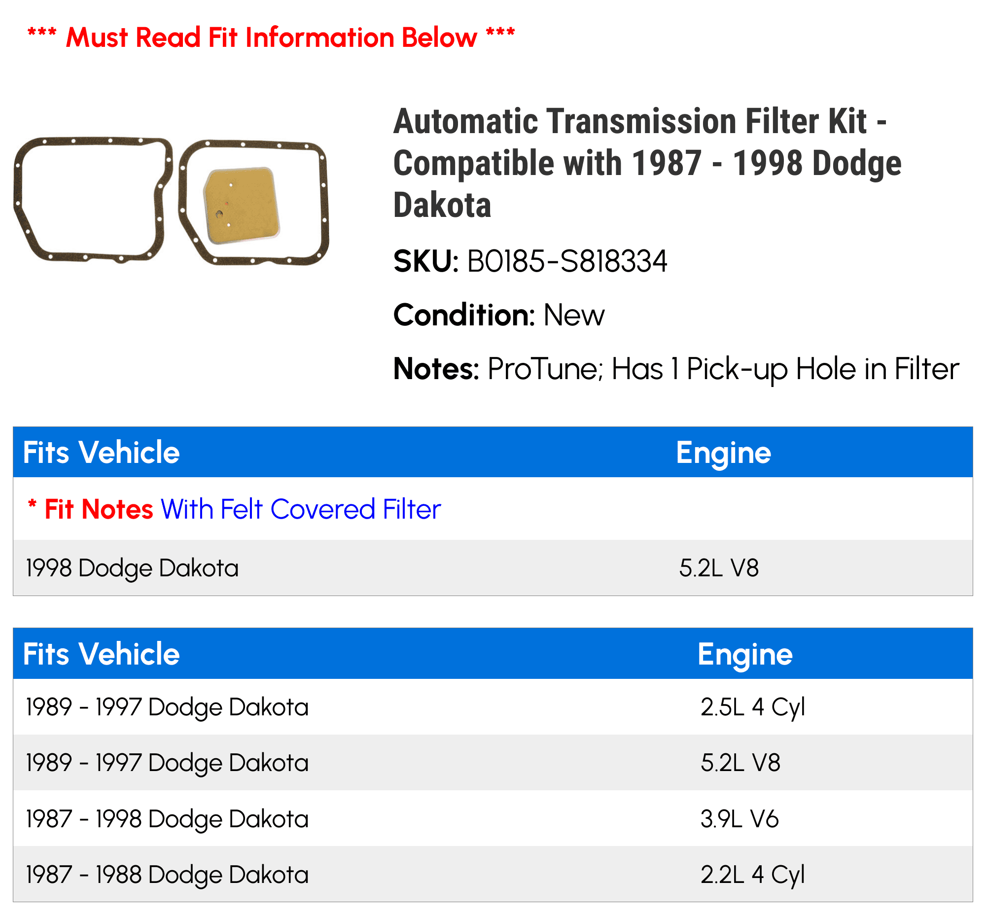 Automatic Transmission Filter Kit - Compatible with 1987 - 1998 Dodge Dakota 1988 1989 1990 1991 1992 1993 1994 1995 1996 1997