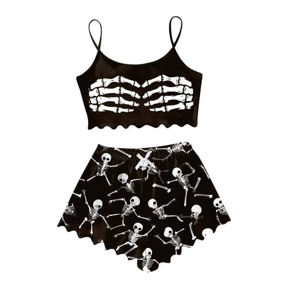 SJLDQY Halloween Women'S Pajamas Sets Sleeveless Pajama Tops Shorts Hallowmas Skeleton 2Pcs Pjs Sets Lightweight Soft Loungewear Homewear Outfits