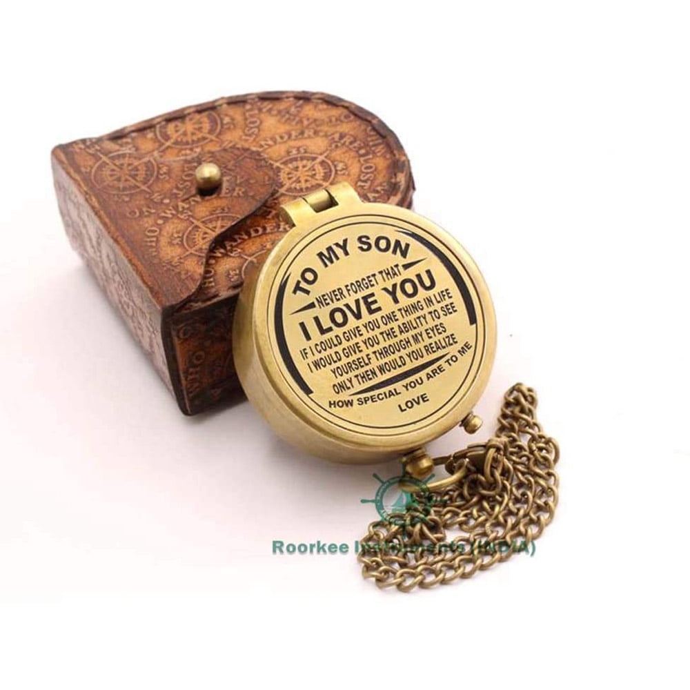 Roorkee Instruments (India)Brand Brass Golden Color Engraved Compass with Imprinted Leather Case
