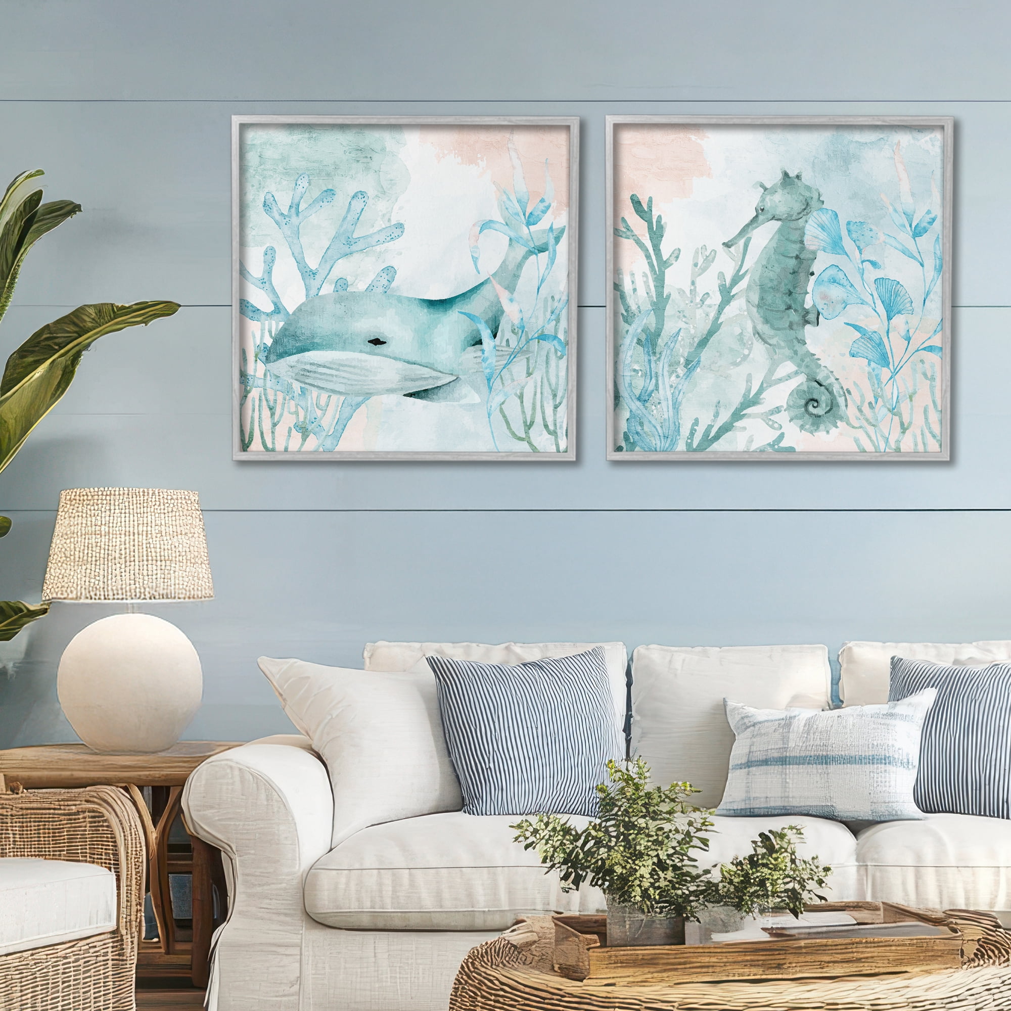 Stupell Industries Whale & Seahorse Sea Swim 2 Piece Gray Framed Giclee Art Set, design by Kim Allen