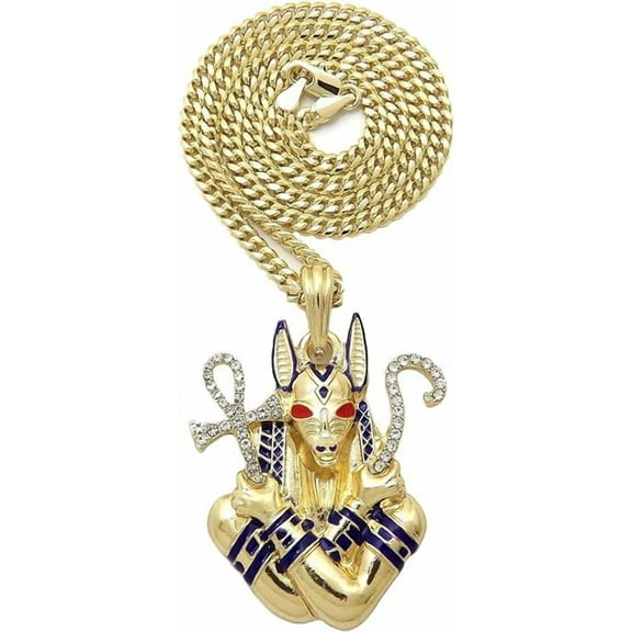 Iced Gold Plated Egyptian Anubis Cubic Zirconia Pendant & 3mm 20" Cuban Bling Chain Hip Hop Necklace