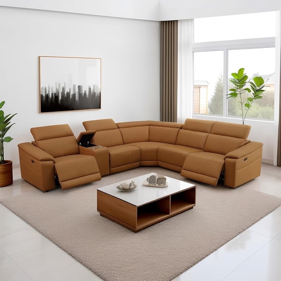 Power Recliner, Light Brown Reclining Sectional Sofa with USB Ports, 5-Seater Leather Reclining Couch with Console and Cup Holder for Living Room/Apartment/Home Office