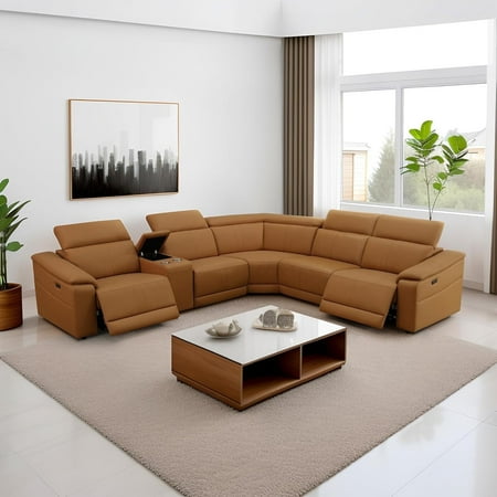 Power Recliner, Light Brown Reclining Sectional Sofa with USB Ports, 5-Seater Leather Reclining Couch with Console and Cup Holder for Living Room/Apartment/Home Office