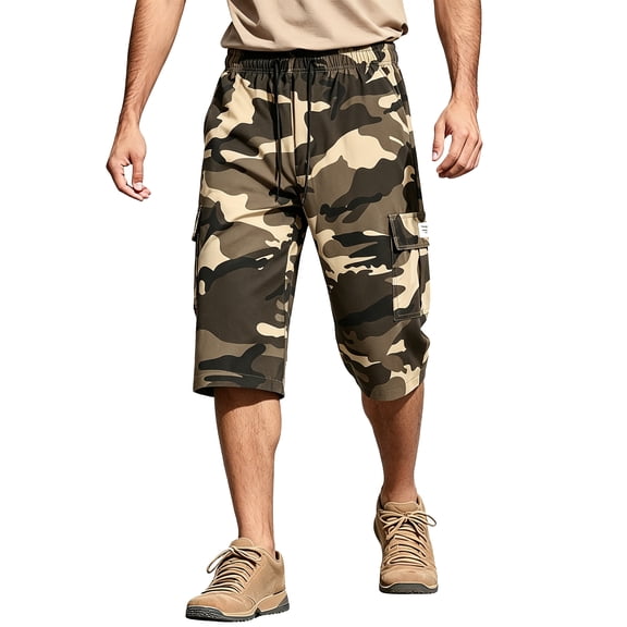 Relaxed Fit Camouflage Cargo Shorts Men's Casual Drawstring Capri Cargo Pants Camo Shorts Multi-Pocket Elastic Waist, M