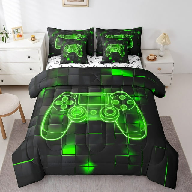 YST Gaming Bedding Sets For Boys Twin, 7 Piece Gamer Kids Comforter Set With Sheets,Video Game Console Bed In A Bag Room Decor,Reversible Geometric Gamepad Bed Set Green Black