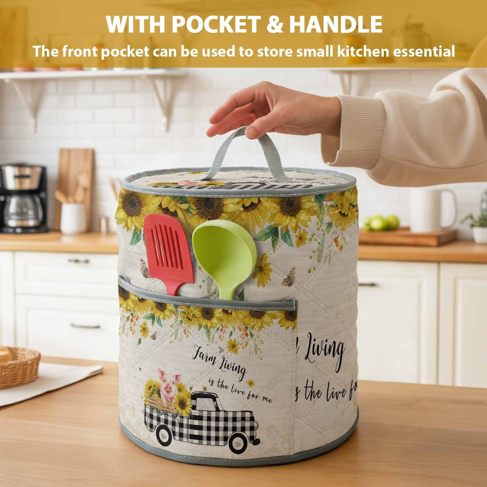 Pig Truck Sunflower Rice Cooker Cover 6 Quart Vintage Farm Loads of Sunshine Pressure Cooker Cover Appliance Protector Dust Case with Pocket and Handle for Kitchen