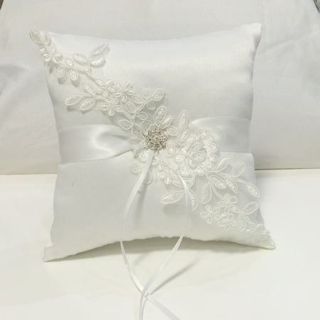 

amousa Wedding Ring Bearer Cushion With Pearl Beaded Lace Silk 18x18cm