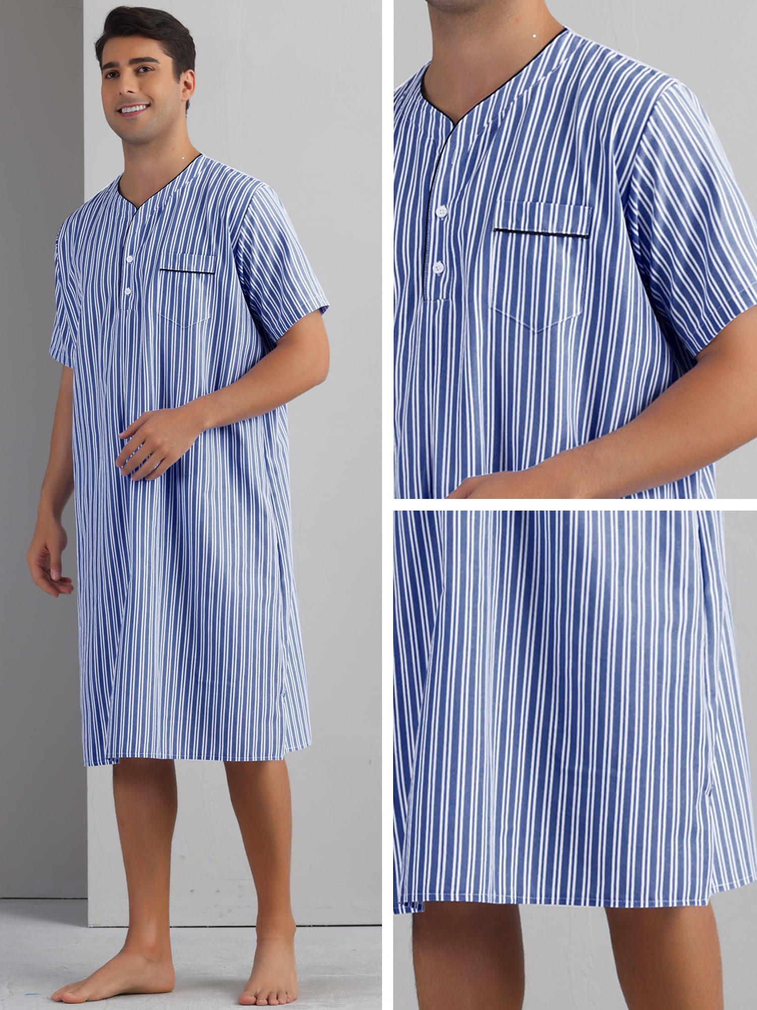DARING DIVA Men's Short Sleeve Striped V-Neck Button Down Sleep Gown M Dark Blue