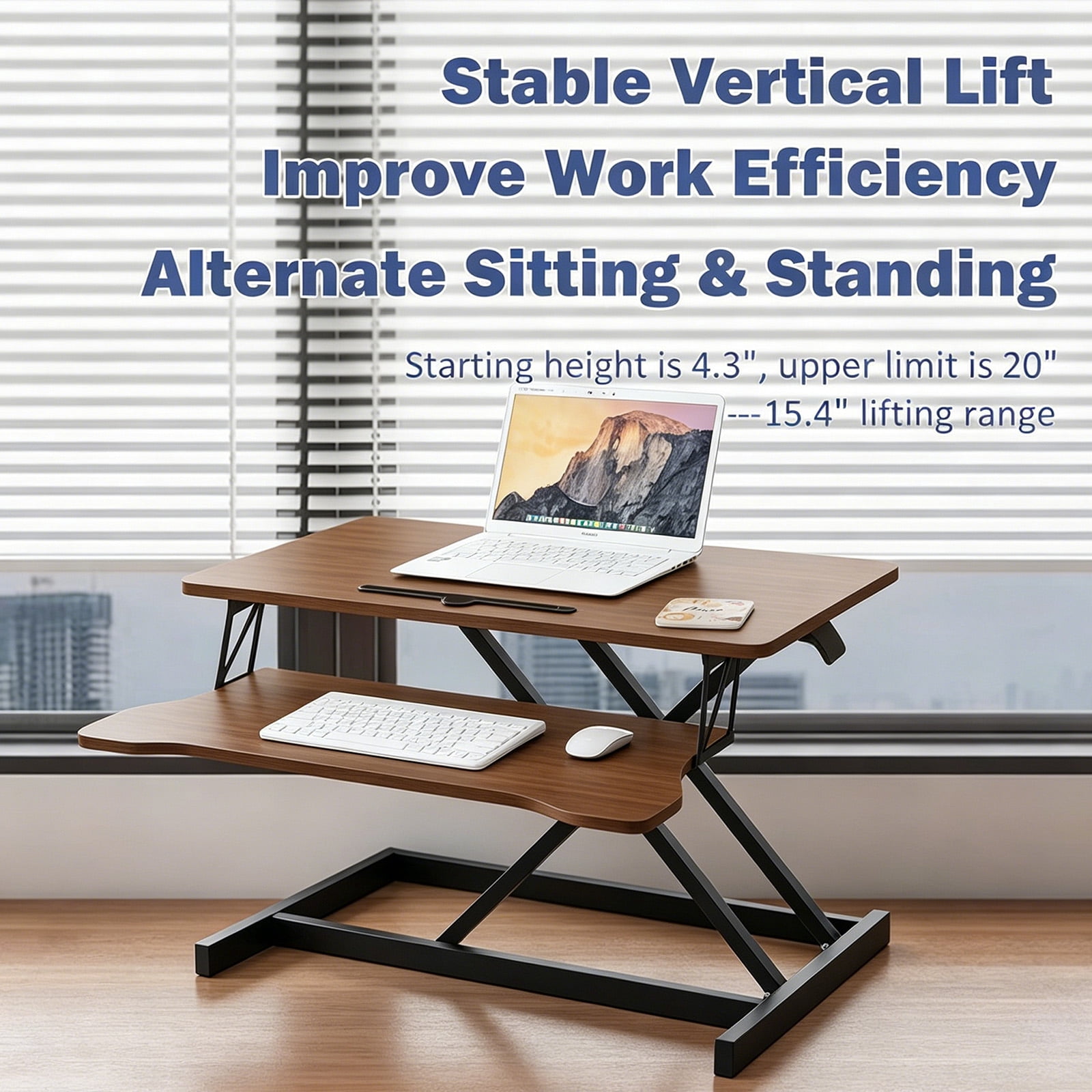 Standing Desk Converter, 32 Inch Standing Desk Adjustable Height for Table Tops and Home Office, Desk Riser Computer Workstation with Wide Keyboard Tray 2-Tier Desktop, Walnut Color