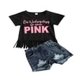 thumbnail image 1 of Girls Letter Printed Tassel Short-Sleeve T-shirt and Ripped Denim Shorts Set, 1 of 6