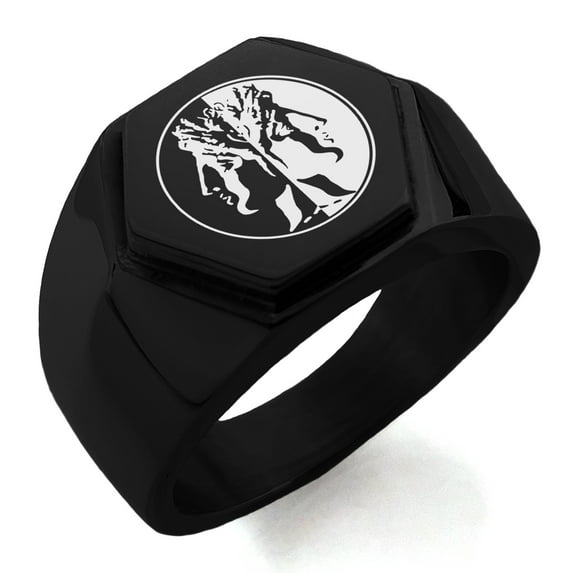 Stainless Steel Janus Greek God of Beginnings Engraved Hexagon Crest Flat Top Biker Style Polished Ring
