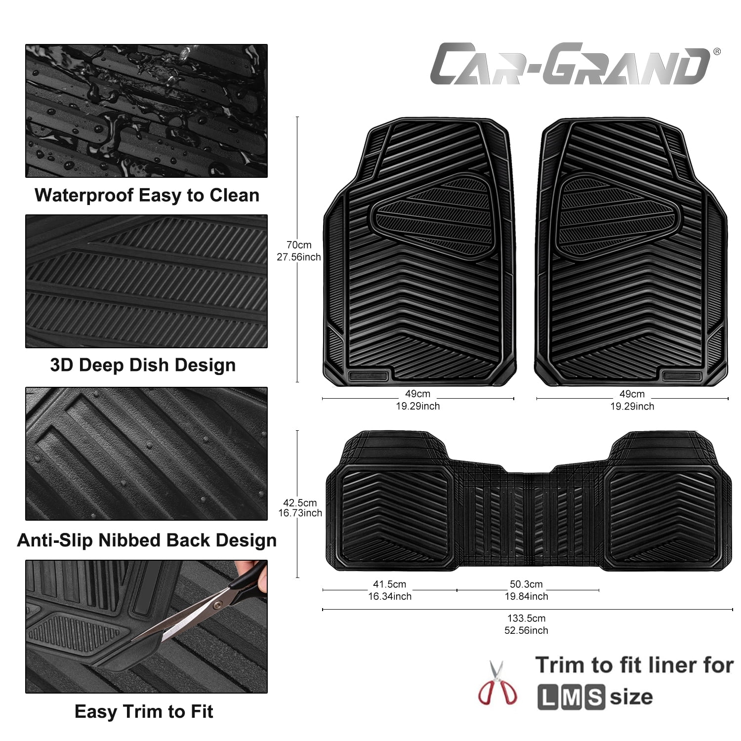 CAR GRAND Rubber Car Floor Mats, All Season All Weather Waterproof Automotive Mats Full Set 3 Pieces, Trim to Fit for Cars Sedans SUVs Trucks, Anti-Slip Easy Clean, All Black