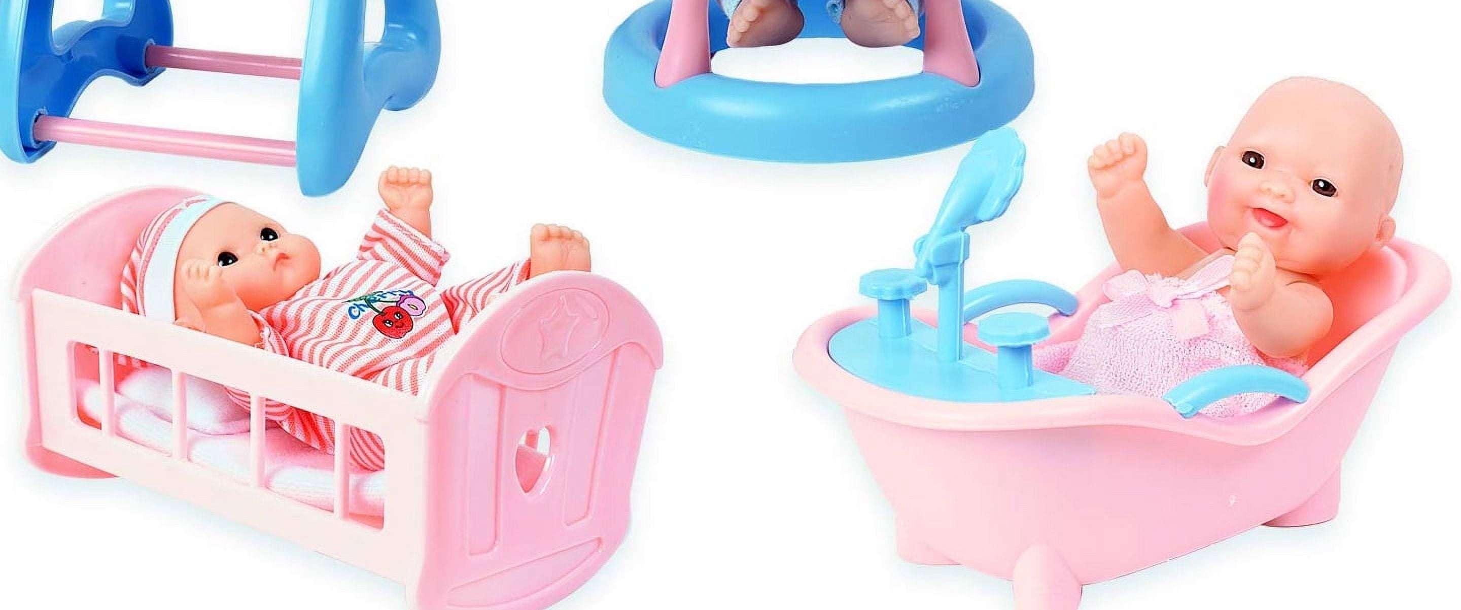 Playworld Set Of 6 Scary Baby Mini Dolls W Ith Cradle, High Chair, W Alker, Bathtub, Swing, And Baby Seat Scare Your Friends! - Multicolor