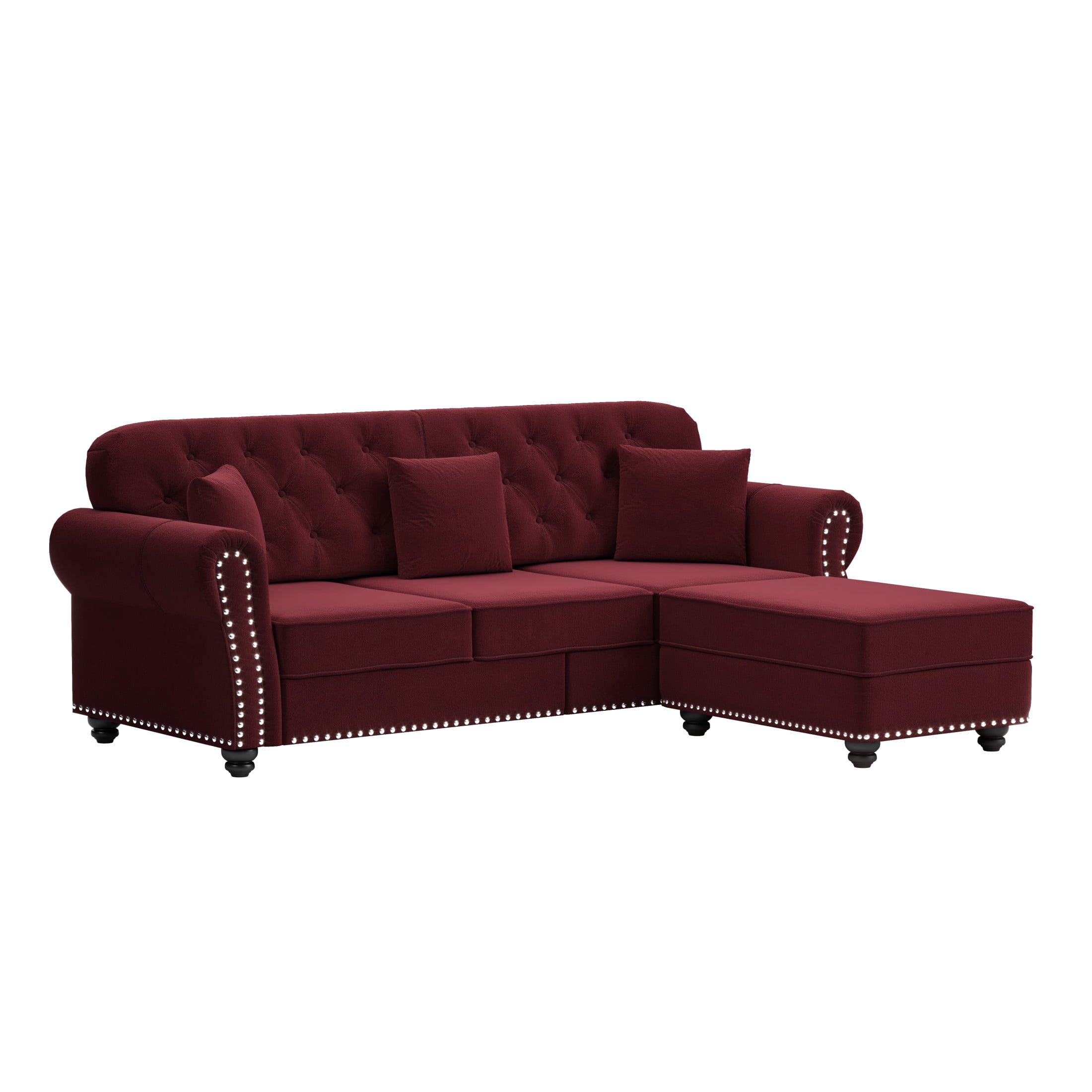 Noble House Kieran 3-Seater Velvet Chesterfield Sofa, Modern Tufted Armchair with Nailhead Trim and Ottoman, Burgundy
