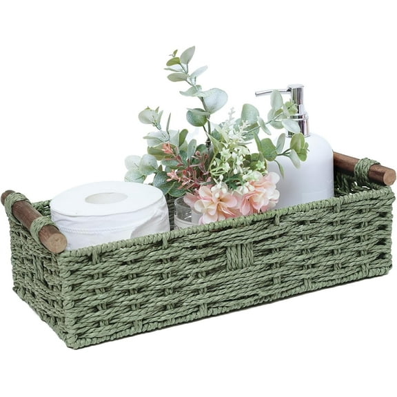 Round Paper Rope Storage Basket, Small Wicker Baskets for Organizing with Handle – Decorative Green Storage Bin for Countertop, Toilet Tank Top, Shelf – Bathroom Toilet Paper Holder