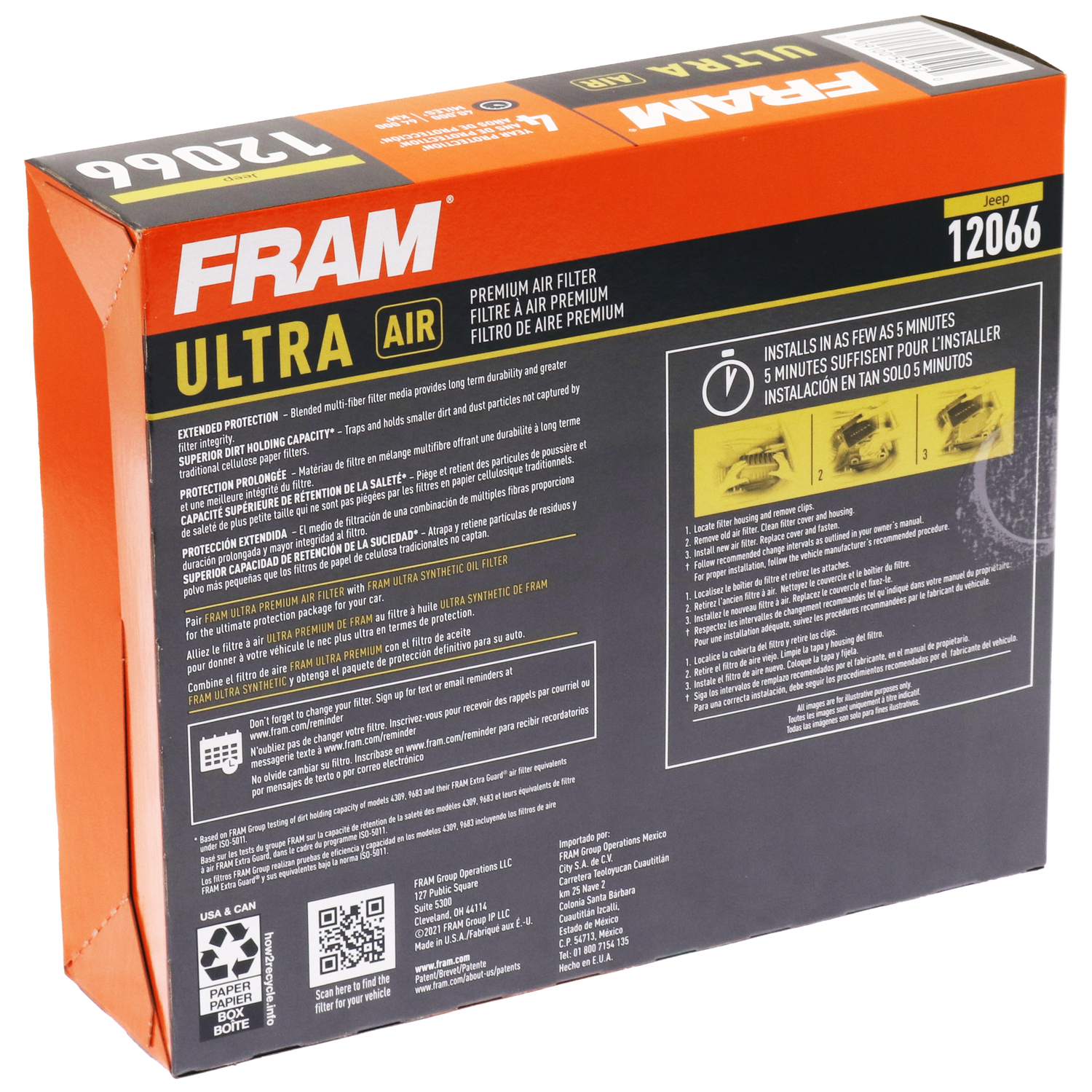 FRAM Ultra Premium 40,000 Mile Air Filter, 12066 for Select Jeep Vehicles