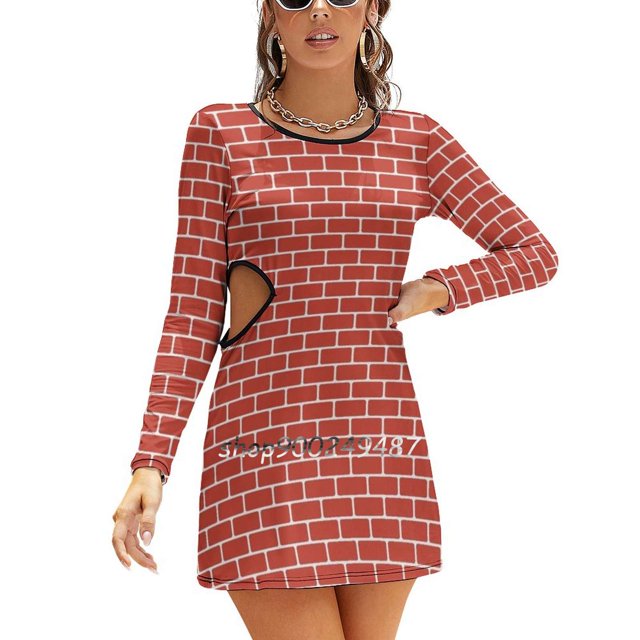 Brick Wall Pattern With Red Bricks Square Neck Dress Cute Loose Print Dresses Elegant Beach Party Dress Brick Pattern Wall Red