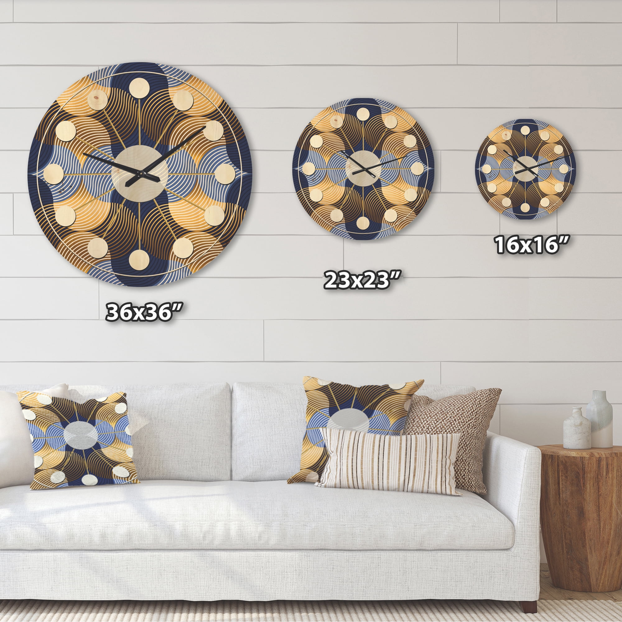 Designart 'Retro Luxury Waves In Blue and Gold II' Mid-Century Modern Wood Wall Clock