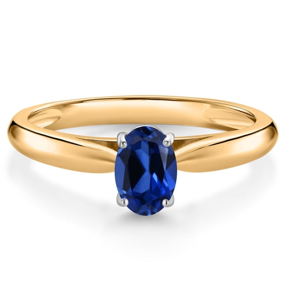 Gem Stone King 0.60 Ct Oval Blue Created Sapphire 10K Yellow and White Gold Solitaire Engagement Ring (Size 7)