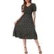 thumbnail image 1 of Vestidos florales INSPIRE CHIC para mujeres, con mangas cortas abullonadas, escote en V y dobladillo con volantes, midi, talla XS, naranja y negro, 1 of 6