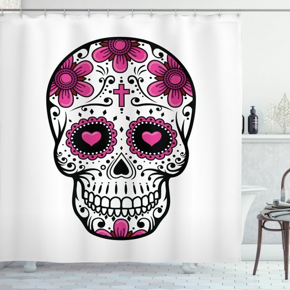 Ambesonne Sugar Skull Shower Curtain, Flower Hearts Swirl, 69"Wx84"L, Hot Pink Black White