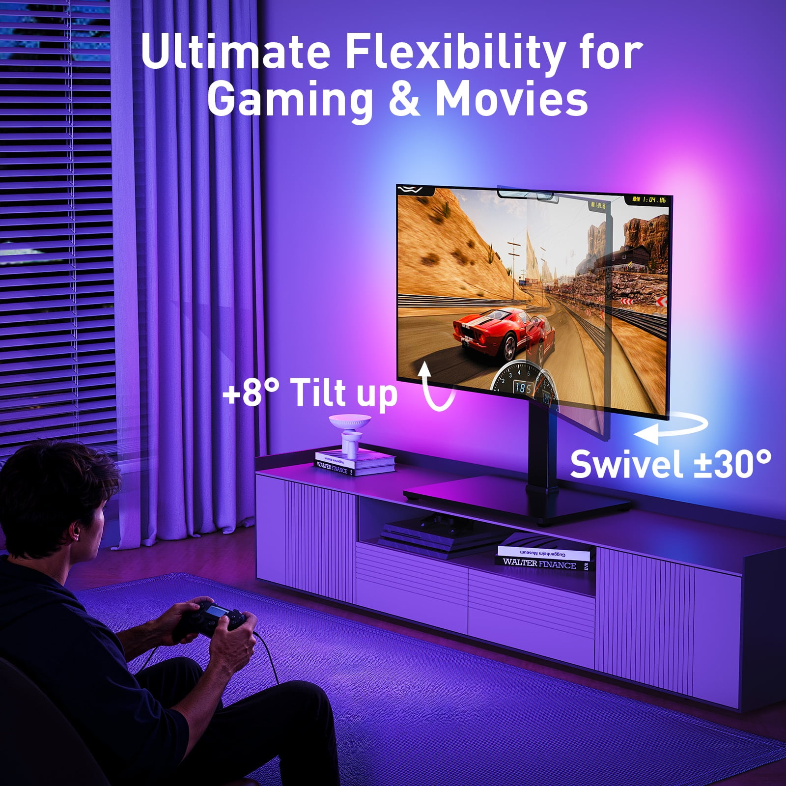 MountFTV Universal TV Stand with LED Lights for 32-70 inch TVs, Holds up to 88 lbs, Max 400x400mm, 9 Height Adjustable Table Top TV Stand Mount with 35° Swivel and 8° Tilt