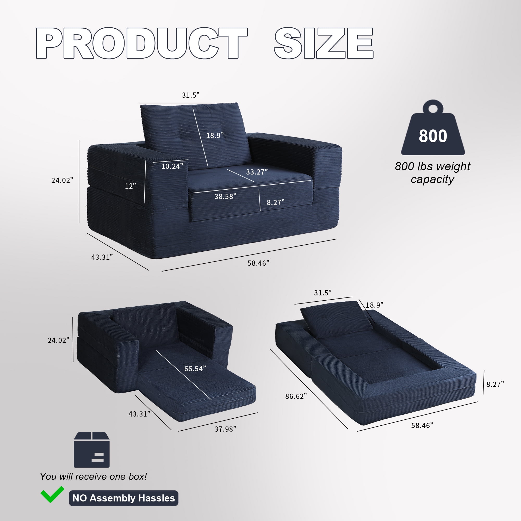 Leumius Single Sofa Bed with Pillow,Boneless Folding Sofa Bed for Living Room Bedroom,No Assembly Required,Dark Blue