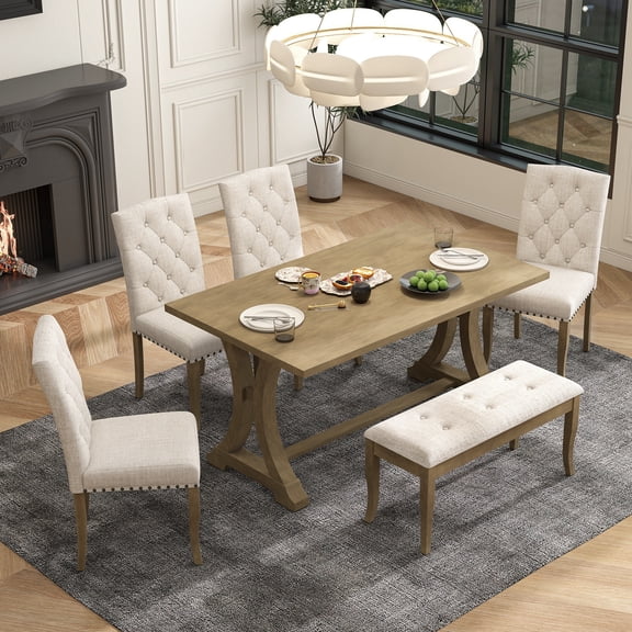 6-Piece Farmhouse Dining Table Set, Rectangular Trestle Table and 4 Upholstered Chairs & Bench for Dining Room